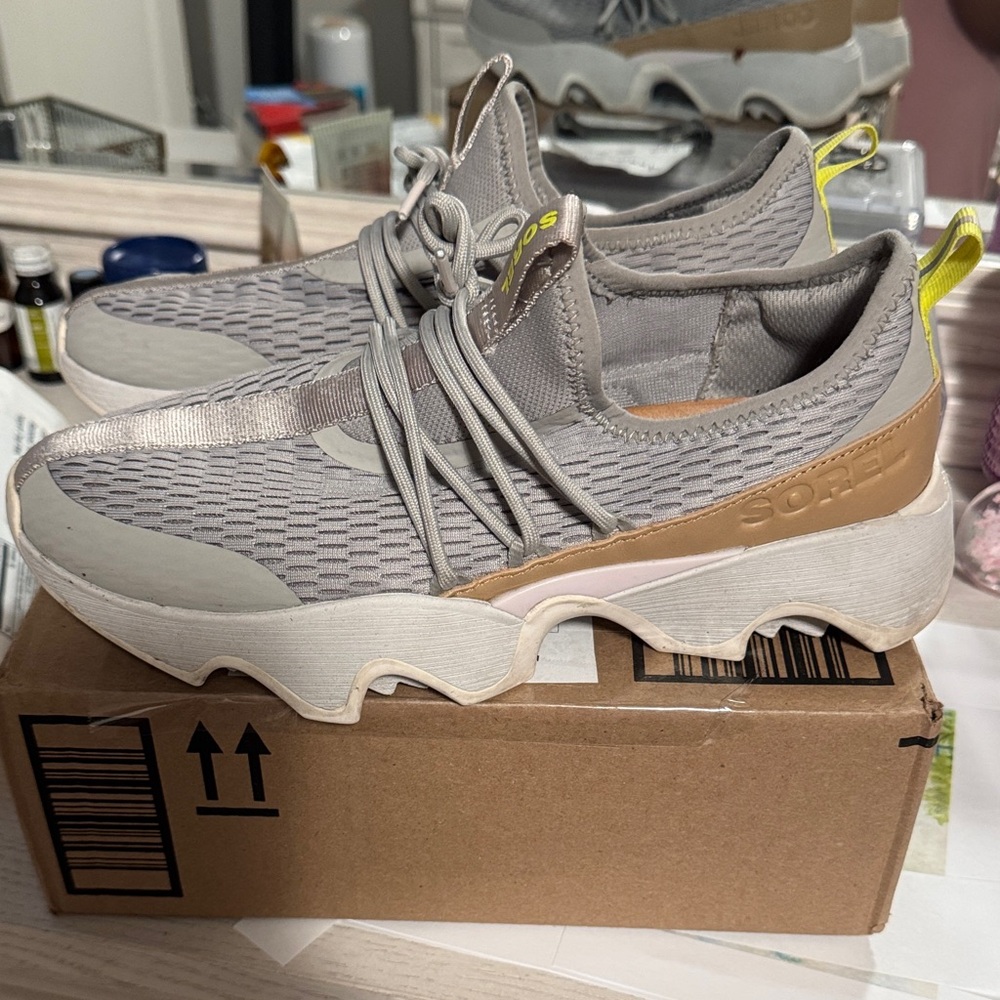 Sorel Light Gray and Yellow Athletic Shoes